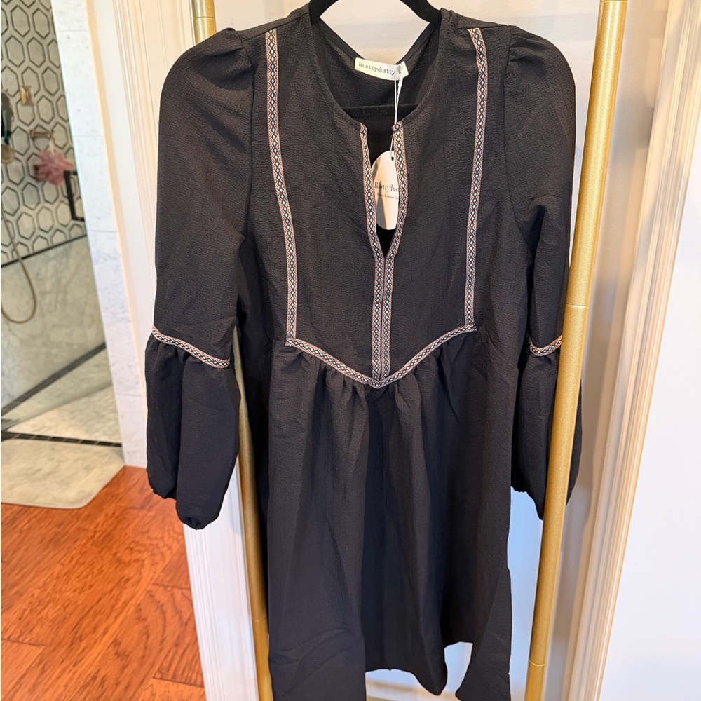 Black Long Sleeve Dress with Embroidered Details